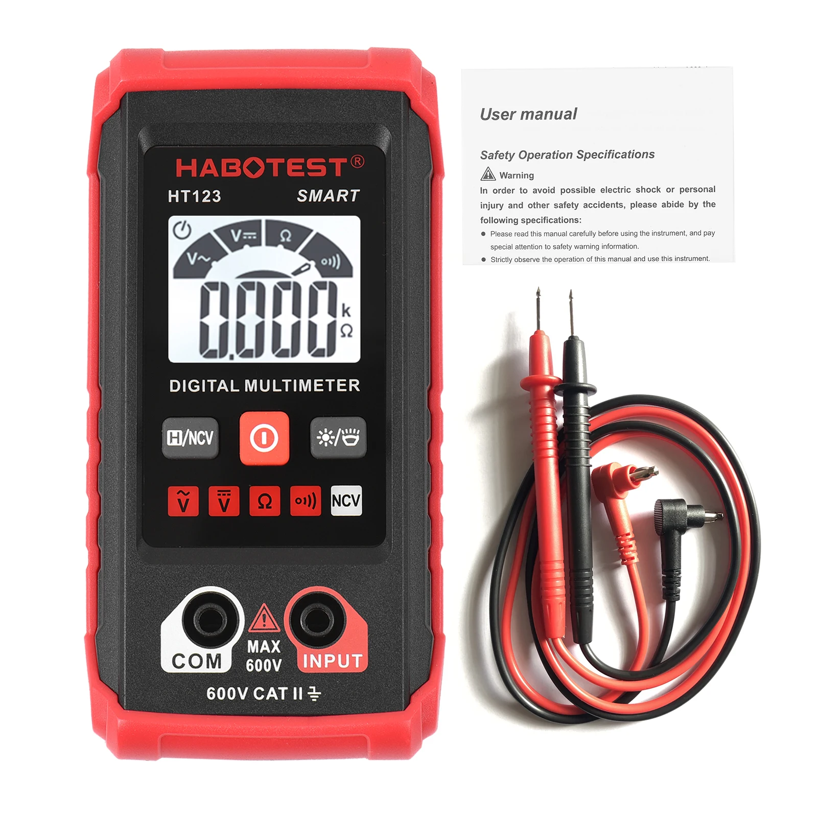 HABOTEST HT123 Digital Multimeter Auto Range Multi-meter 2,000 Counts True RMS Measuring AC/DC Voltage Resistance NCV Test