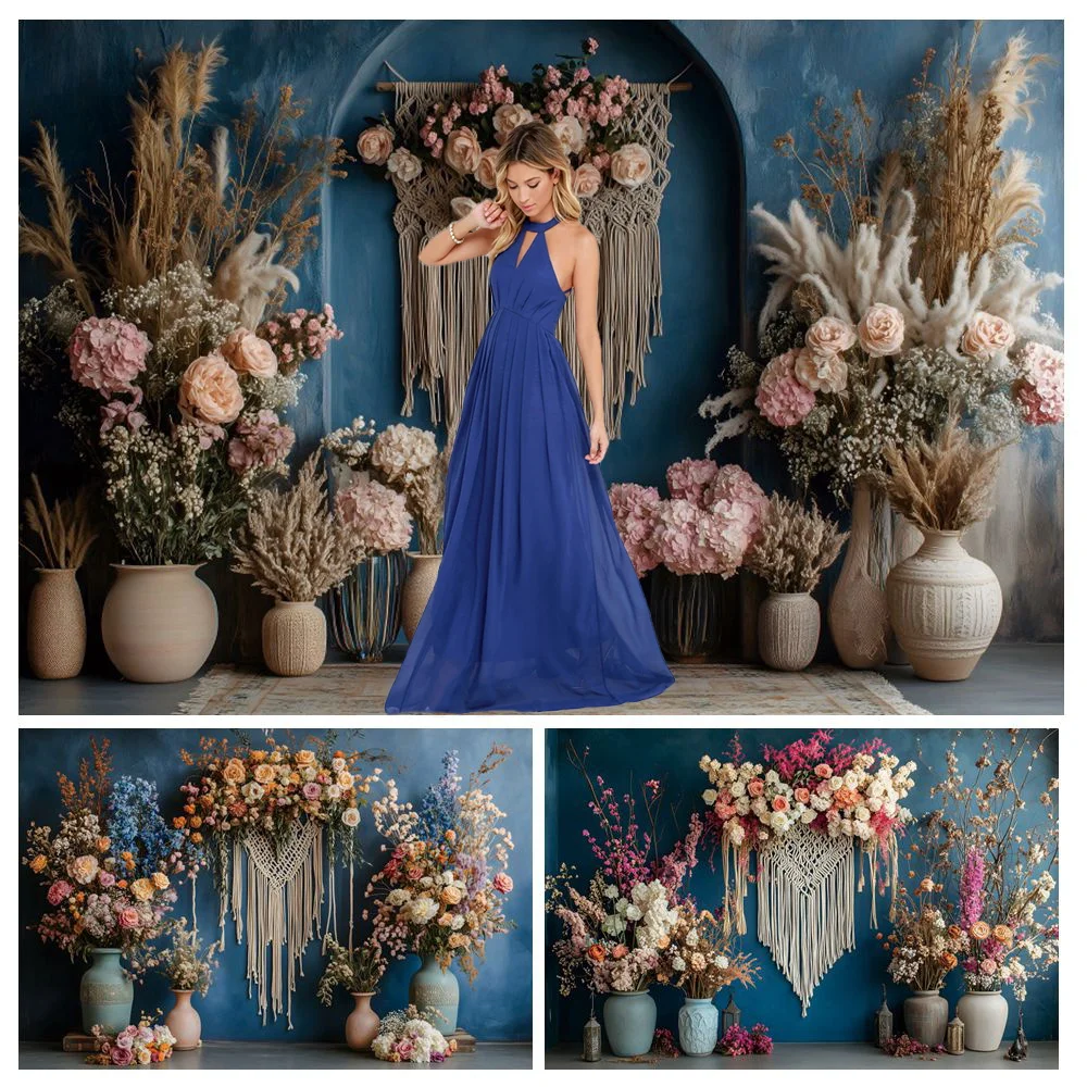 

Blue Wall Boho Flowers Photography Backdrop Kids Adult Pregnant Portrait Birthay Wedding Party Photo Background Photostudio Prop