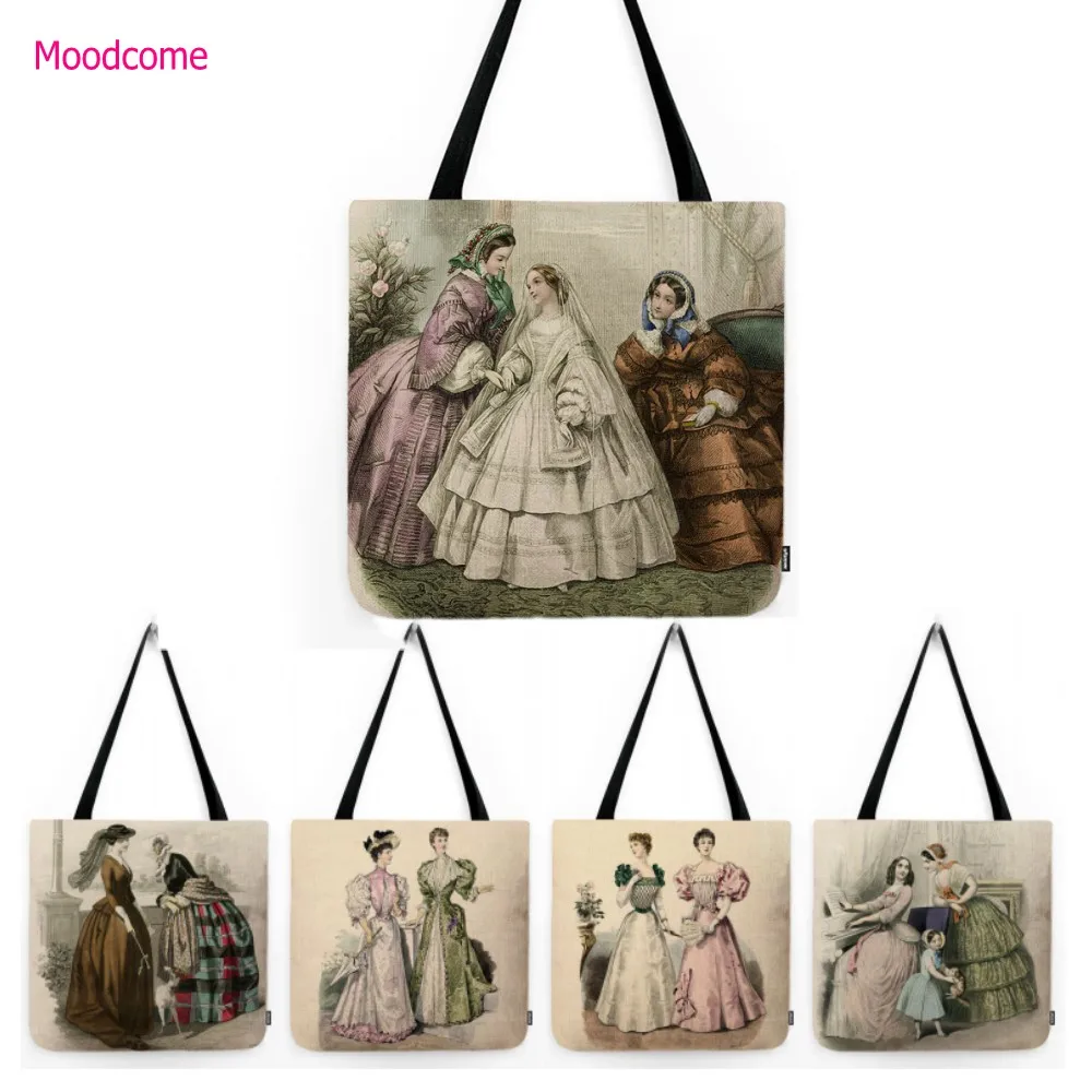 

Beautiful Elegant Classic European Victorian Era Fashion Lady Woman Tote Bag Water Resistant Cotton Linen Shoulder Bag