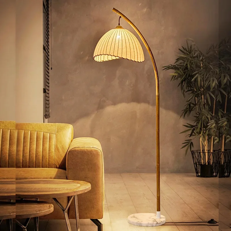 Bamboo Rustic Style Floor Lamp Nordic Home Decor Bedroom Study Homestay Floor Light Handmade Fabric Atmosphere Stand LED Lamp