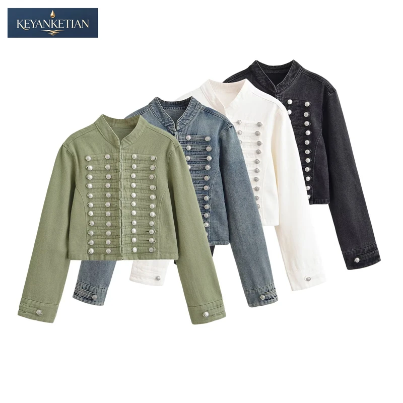 

KEYANKETIAN 2026 Casual Daily Military Style Cropped Denim Blazer Regular Fit Stand Neck & Decorative Multi Silver Buttons Coat