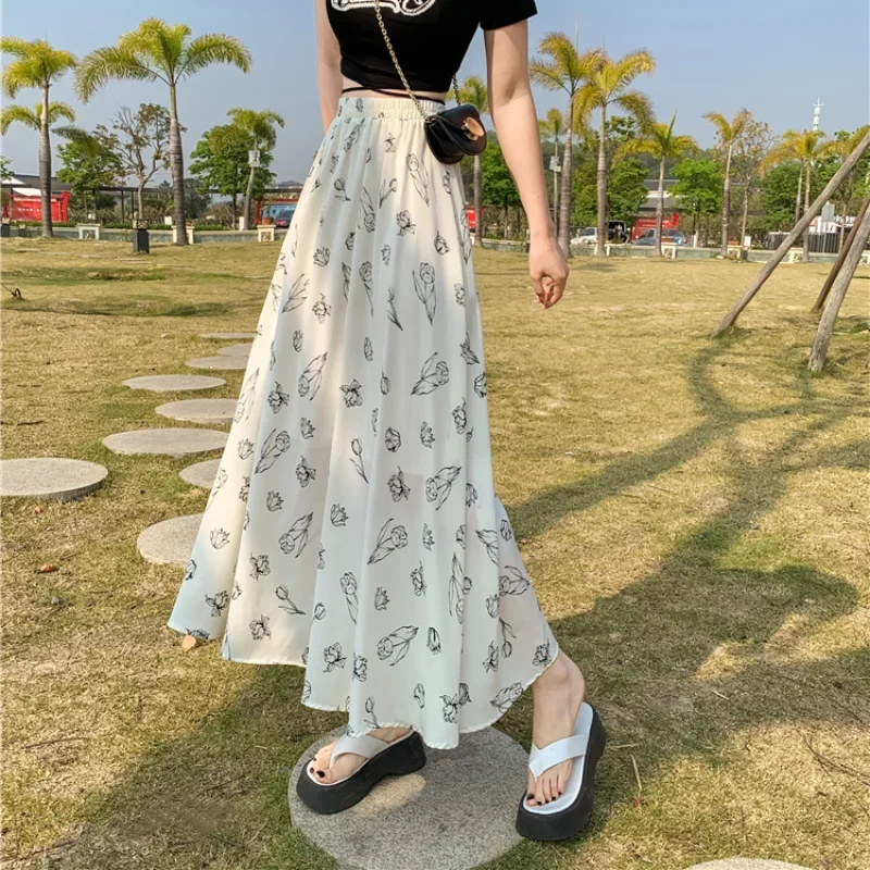 Midi Cute Long Skirts for Woman Chiffon Maxi Floral Women's Skirt Cheap A Line Chic and Elegant Kawaii Trend Casual Y2k Clothes