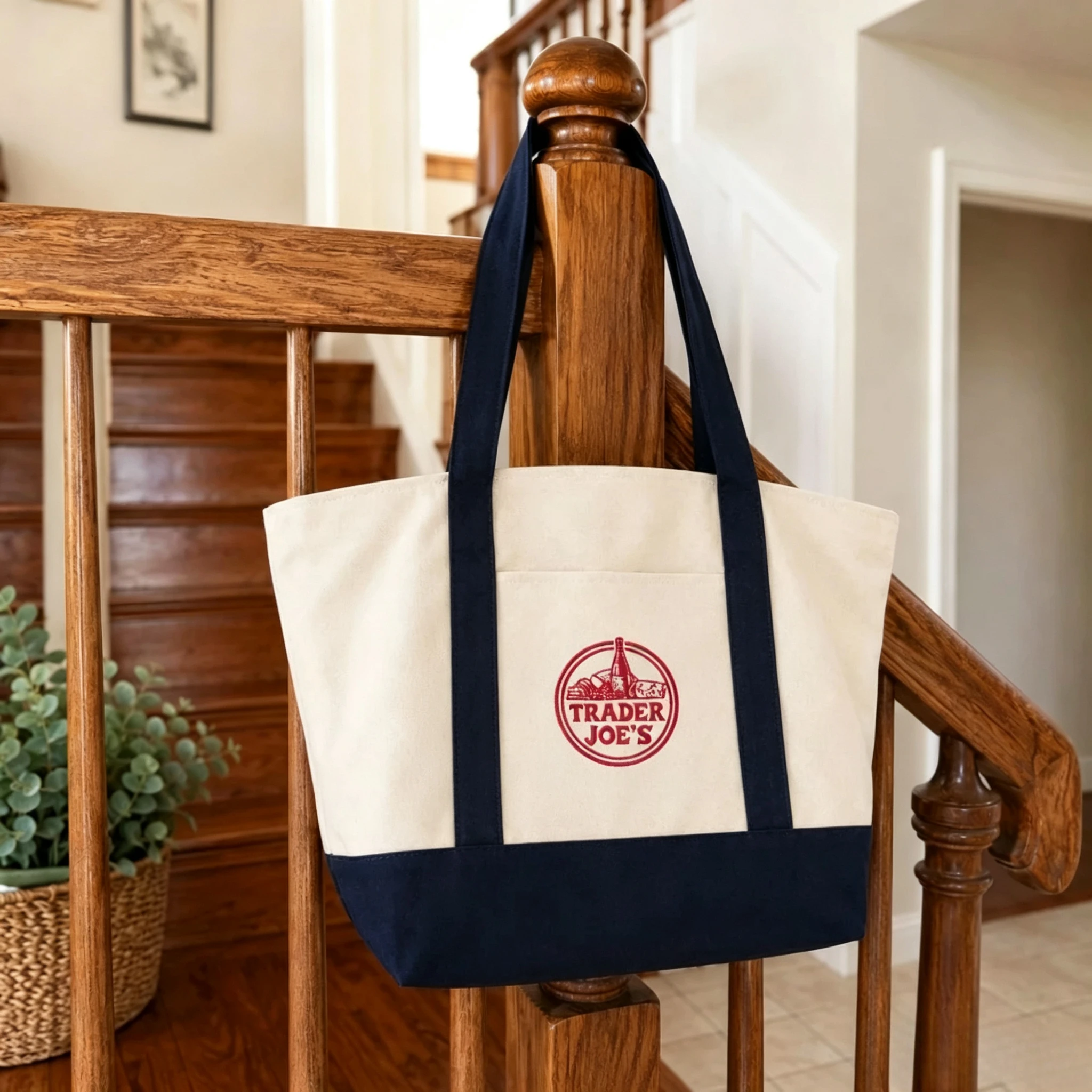 Large Canvas Tote Bag for Trader Joe's, Reusable Cotton Tote Bag with Embroidered, Front Pocket & Reinforced Bottom