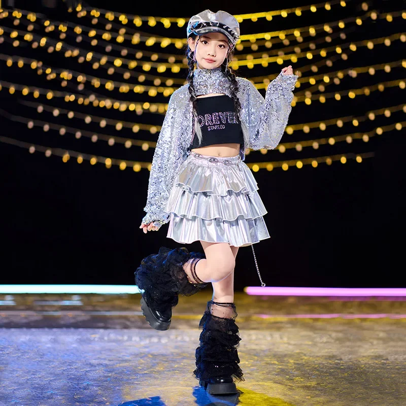 Jazz Dance Costumes Silver Sequined Tops Pleated Skirts Singers Music Festival Performances Girls Jazz Latin Dance Costumes