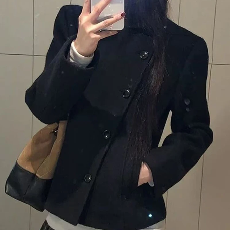 Women's Winter Jacket Chic Stand Collar Single Breasted Slim Straight Wool Blend Cropped Coat Fashion High Street Date Outfit