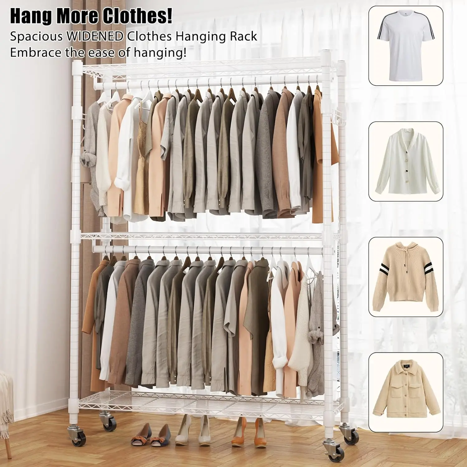 Heavy Duty Garment Rack on Wheels, Rolling Clothes Racks for hanging clothes, Modern Closet Wardrobe Clothing Rack with 8 Side H