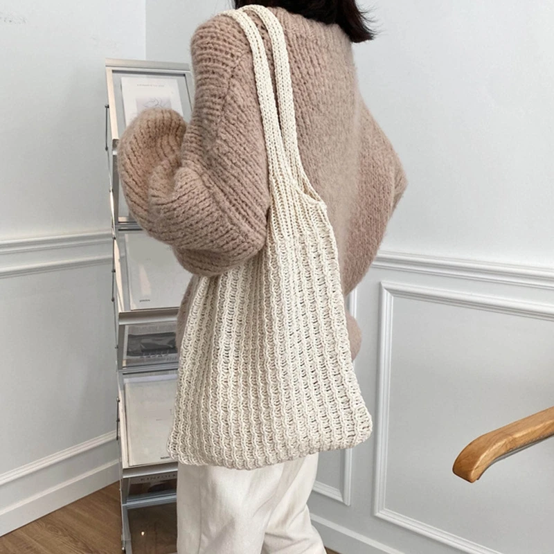 Knitted Shoulder Bag Vintage Soft Solid Color Handbag Clutch Bags Retro Shopping Bags Large Capacity Tote for Women