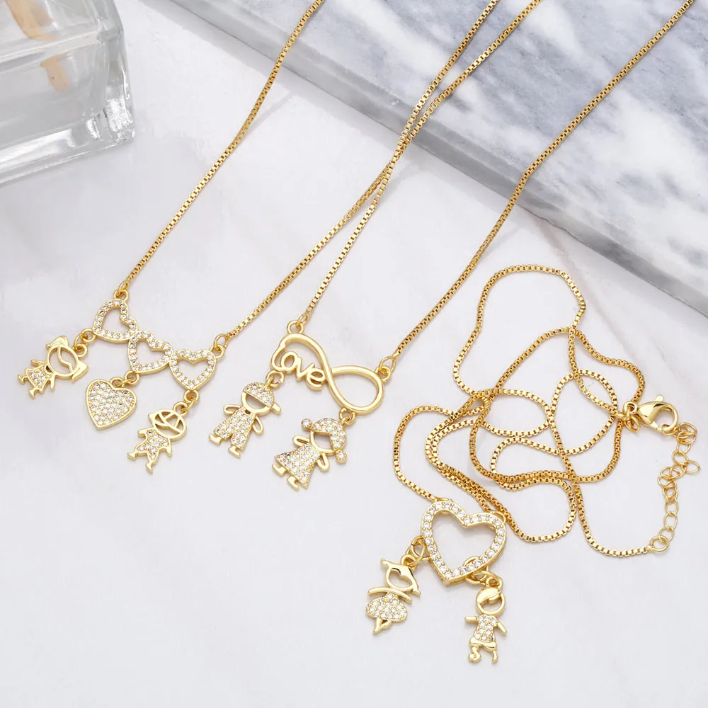 FLOLA Copper Zircon Boy and Girl Necklace Couple Jewelry Gold Plated Chain Love Heart Necklace Crystal Jewelry Gifts nkeb188