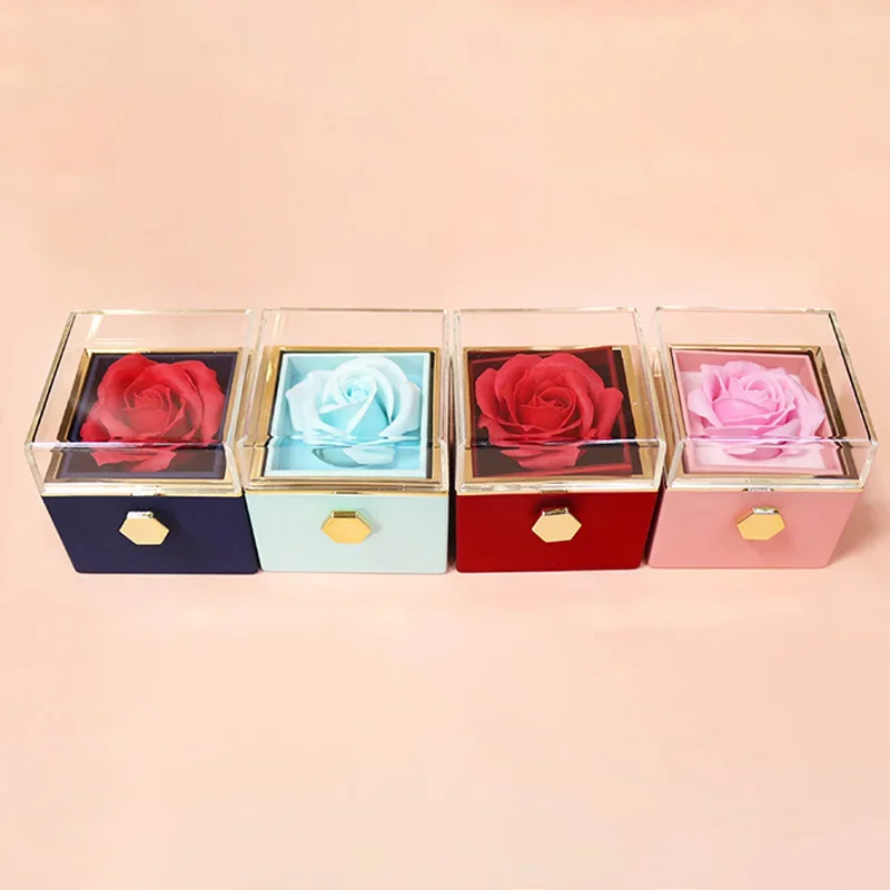 Rotation Rose Jewelry Gift Boxes Valentine\'s Day Marriage Acrylic Ring Boxes Necklace Storage Rose Jewelry Display Rack