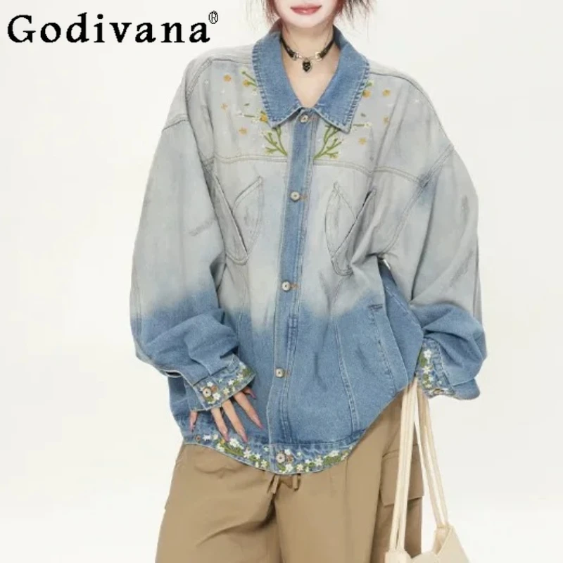 

Spring New Large Size Women Gradual Change Color Embroidered Denim Jacket Fashion Loose Turn-down Collar Long Sleeve Jackets