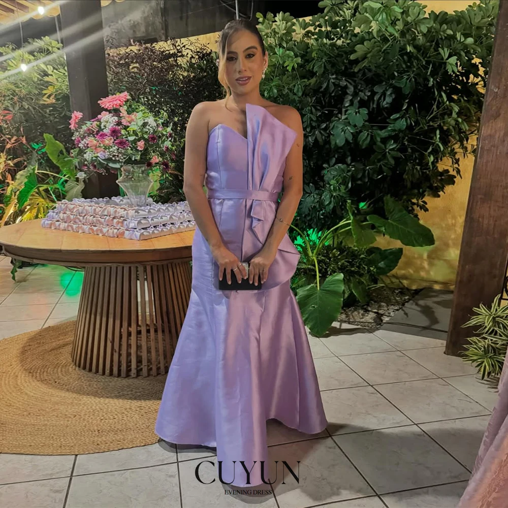 

CUYUN Purple Satin Evening Dresses Strapless Women Prom Party Gown for Special Occasion Customized Mermaid Sleeveless Gown