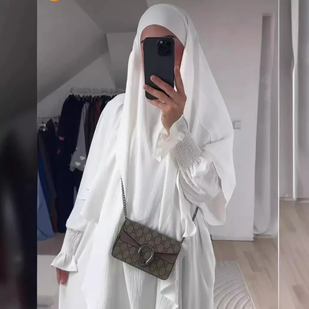 2 ชิ้นชุดมุสลิมใหม่หวานสีทึบชุดยาว + ผ้าคลุมไหล่ชั้นเดียวชุด Abaya และ Khimar ชุด Jilbab 2 ชิ้นรอมฎอนยาว Hijab