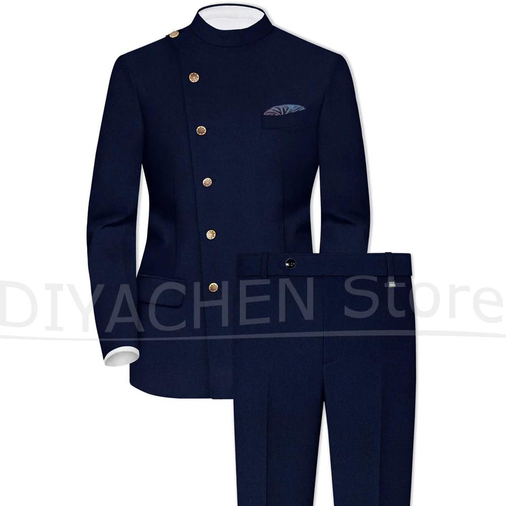 

Men's Mandarin Collar Suit Set Navy Blue Single Breasted Outfit Slim Fit Fashion Smart Casual Wedding Tuxedo (Blazer+Pants)