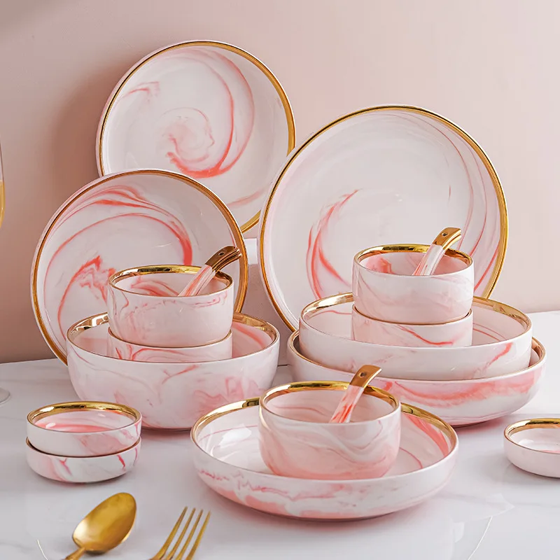

Household Nordic Marble Pattern Ceramic Bowl and Plate Combination Lightweight Luxury Phnom Penh Cutlery and Cutlery Set