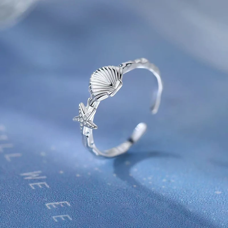 Real 925 Sterling Silver Shell Starfish Adjustable Ring For Women Cute Fine Jewelry Niche Design Light Luxury Animal Accessories