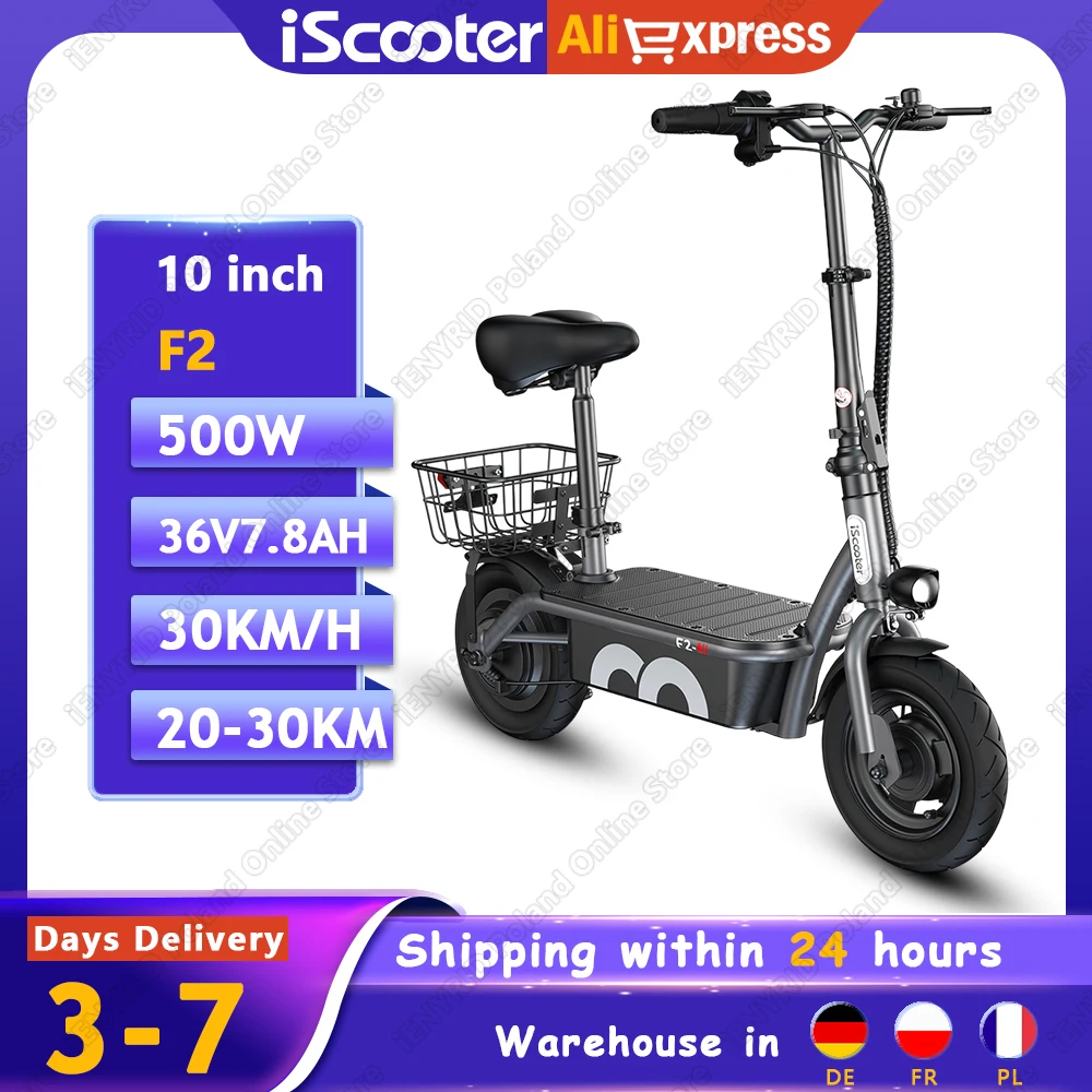 IScooter F2 Electric Scooters 500W 36V7.8Ah with Shopping Basket Scooters Electric Removable Seat Daily Travel E-Scooter