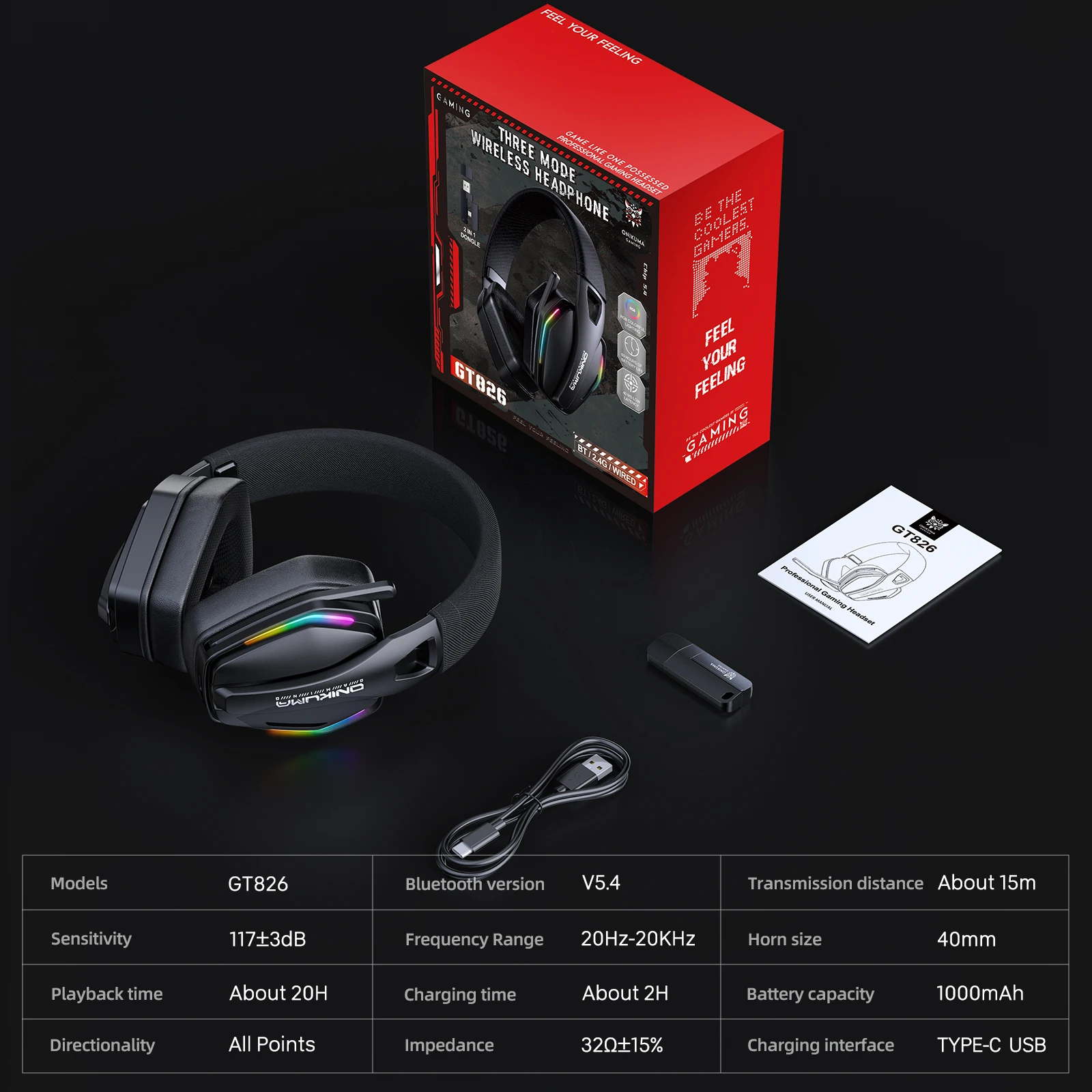 Onikuma GT826 سماعة ألعاب ثلاثية الوضع بلوتوث 5.3/2.4G/USB-C سماعة رأس 40 ملم بطارية عالية السعة 1000 مللي أمبير في الساعة #6