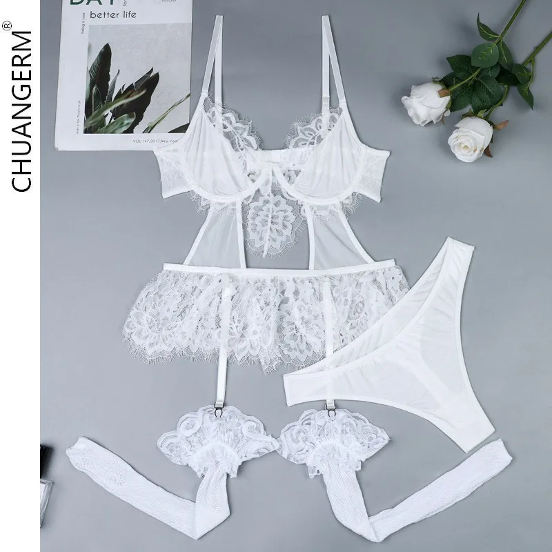 CHUANGERM Lace Romantic Lingeries Cut Out Bilizna Sexy Body G-String Ruffled Stocking Ensemble Lingeries Sexy Honeymoon Outfit