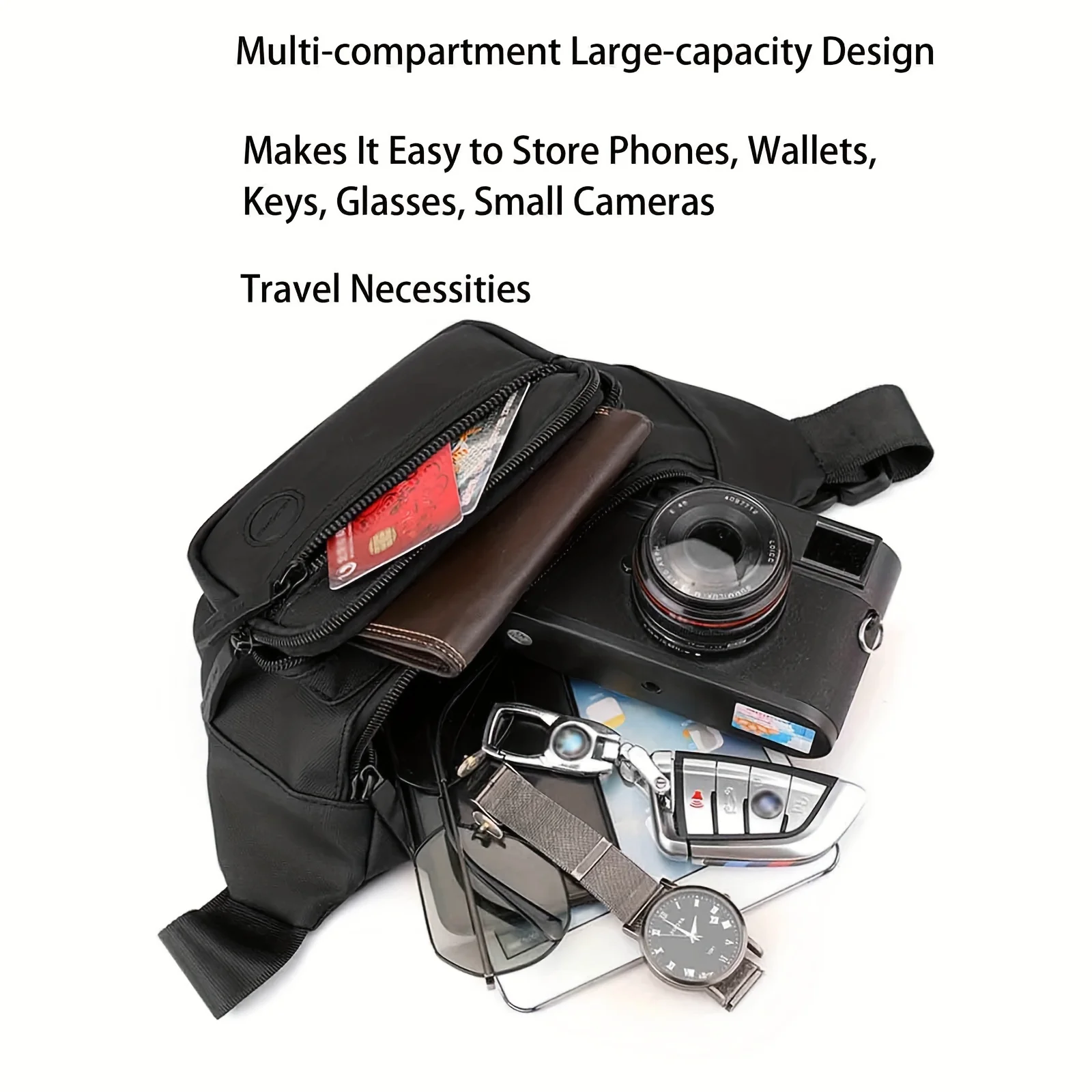 Men's Black Waist Bag, Multi-Pocket Crossbody Sling Pack, Water-Resistant Adjustable Zipper Fanny Pack, EDC Holiday Gift