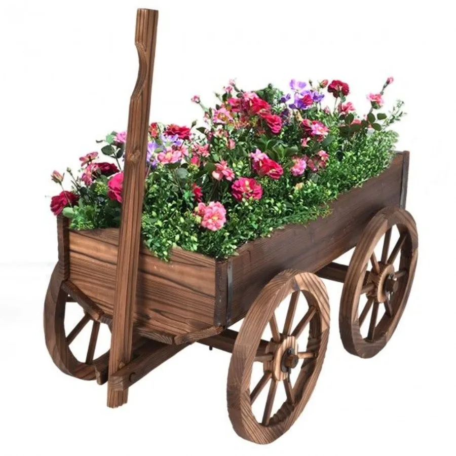 

Wood Wagon Planter Pot Stand with Wheels