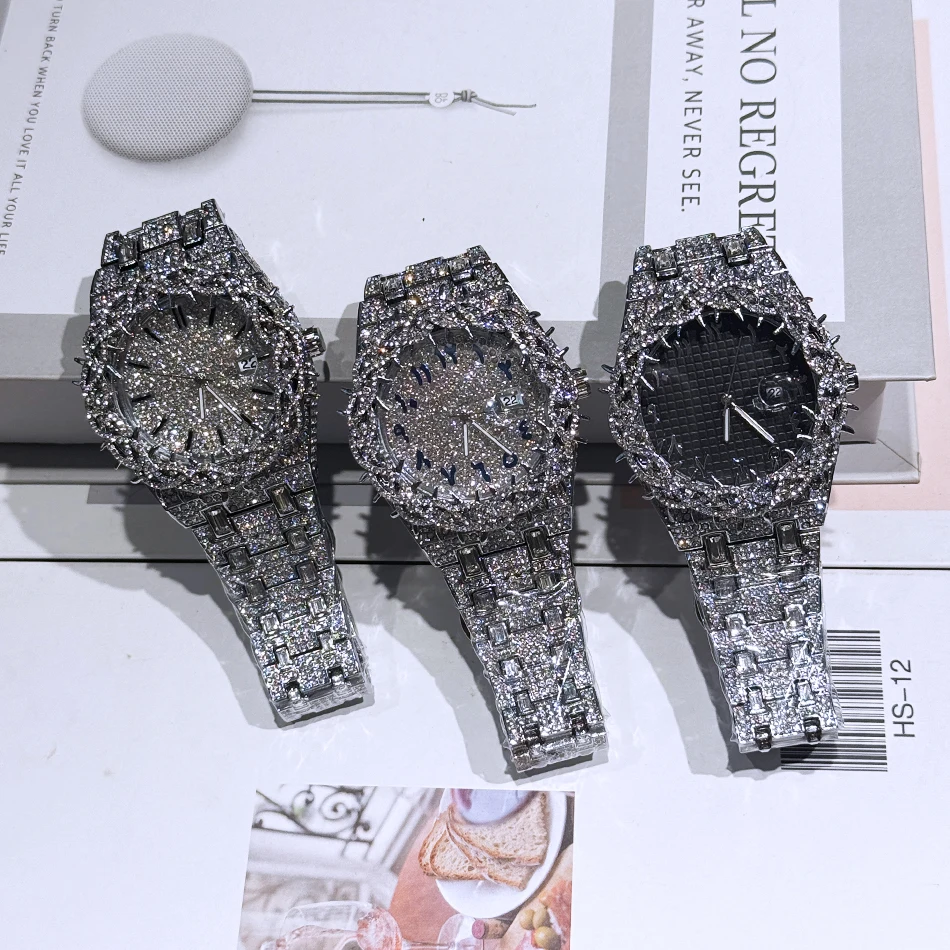 PINTIME ساعة سوداء رائعة للرجال الفاخرة شوكة تاج ساعات كوارتز موضة الهيب هوب مثلج الماس ساعة اليد رجل دروبشيبينغ