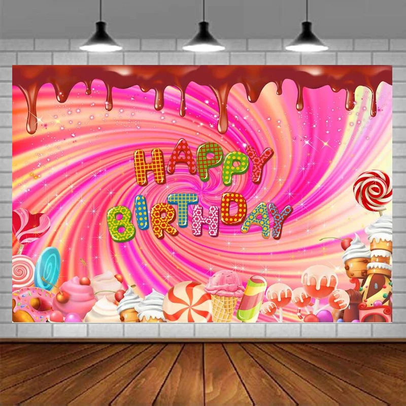 Photography Backdrop Happy Birthday Party Chocolate Rainbow Sweet Candy Children Baby Shower Background Lollipop Cupcake Decor