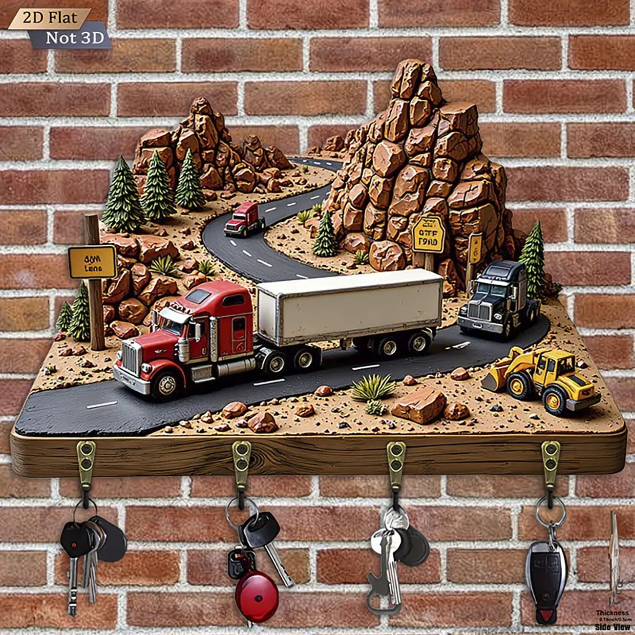 Desert Highway Truck Key Holder, 2D Flat Print Wall Mounted Key Rack with 4 Hooks, Truck Driver Home Decor