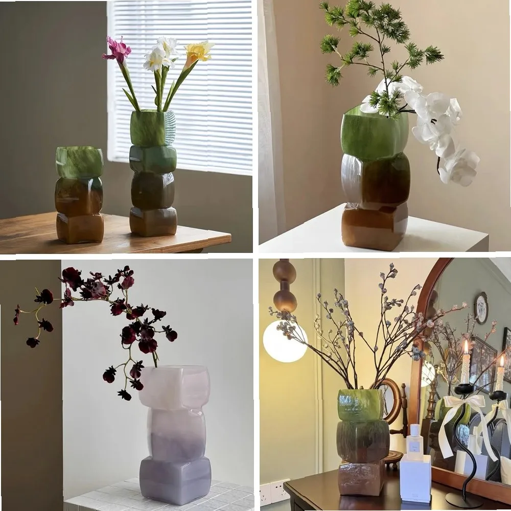 

Glass Vase Geometric Square Stacking Marbling Gradient Flower Vase Floral Arrangement Accessories Terrarium Flower Pot