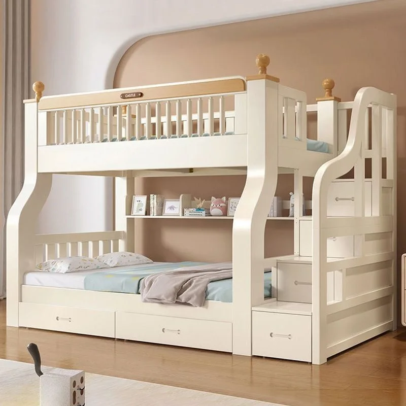 Modern Children's Double-layer Bed with Drawers Made of Solid Wood Eco-Friendly & Durable Multi-functional Storage Combination