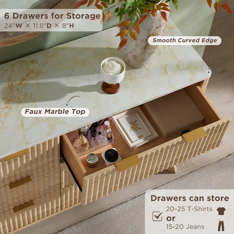T4TREAM geriffelte Kommode mit 6 Schubladen, 54" breite moderne Kommode mit Kunstmarmorplatte, gebogenes Profildesign