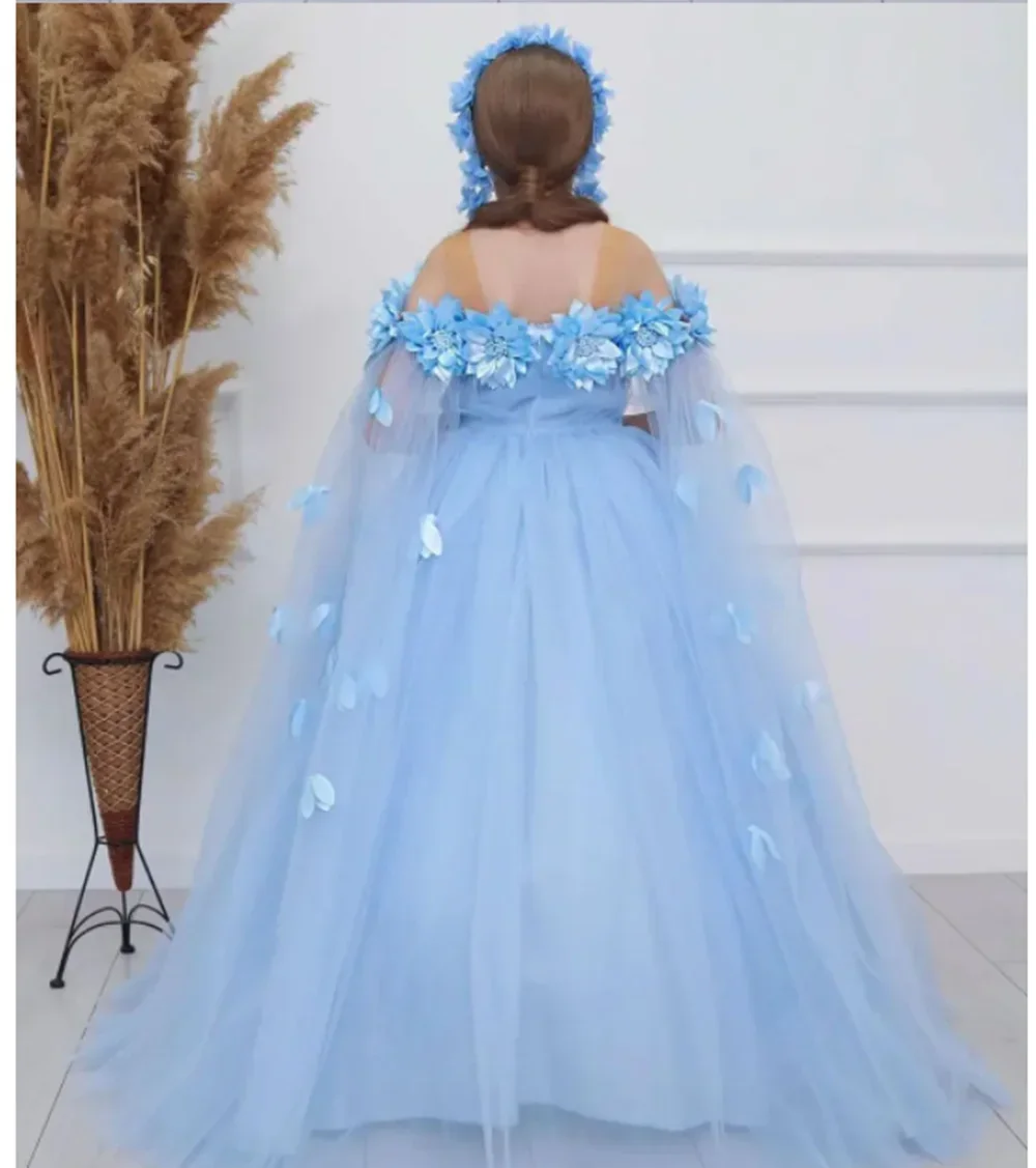 Abito da principessa per ragazze Abito floreale in tulle con spalle scoperte Mantello a farfalla decorato Abito da festa formale Costume da spettacolo per bambini