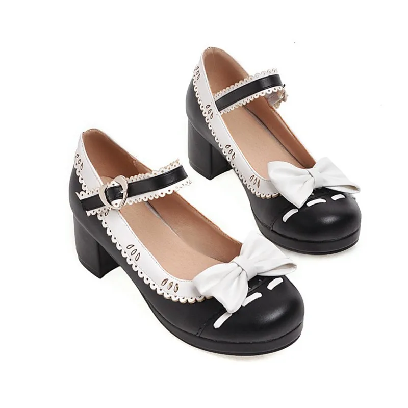 Girls Lolita Shoes Vintage Cute Lace Bow Women High Heel Shoes Platform Sweet Ladies Pumps Princess Wedding Party Cosplay 29-43