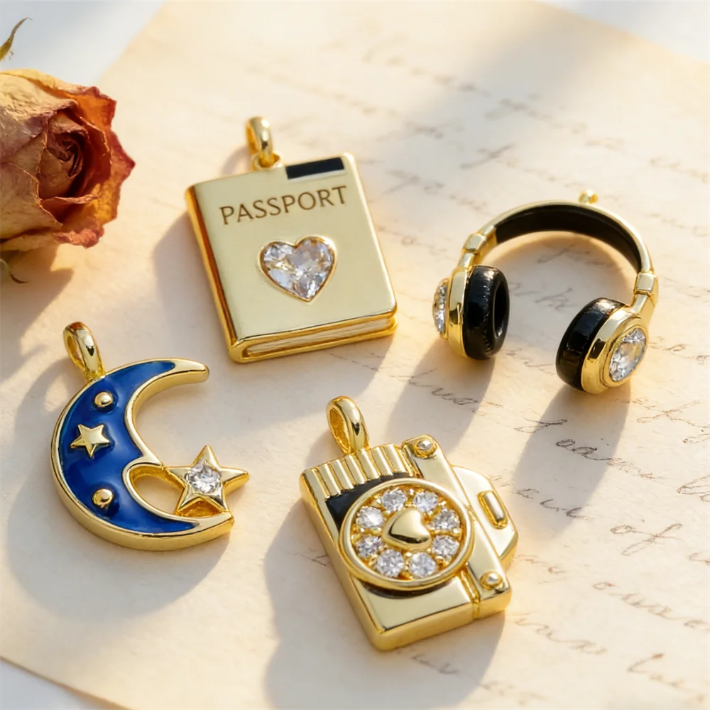 4 قطعة قلادة جواز السفر سماعة كاميرا سحر اليدوية المينا النحاس الزركون سوار ذاتي الصنع قلادة مجوهرات الإكسسوار اليومي حفلة