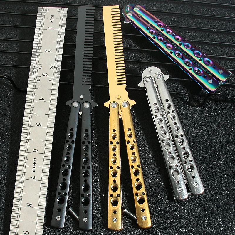 Foldable Comb Stainless Steel Practice Training Butterfly Knife Comb Beard Moustache Brushe Salon Hairdressing Hair Styling Tool