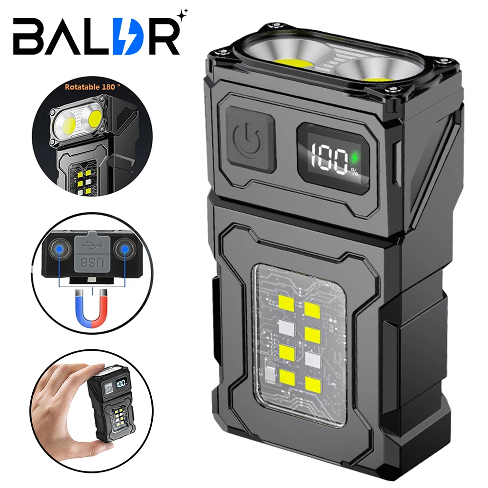 BALDR 180° Rotatable LED Flashlight Keychain Light 20W 500LM USB Rechargeable Portable Small Torch with Magnet Digital Display