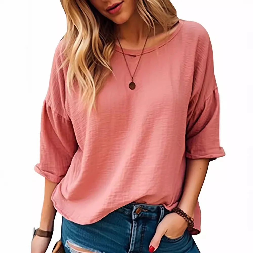 Office Lady Loose Round Neck Pullover Blouse 2025 Summer New Women Casual Seven Quarter Sleeved Solid Color Shirt Chemise Femme