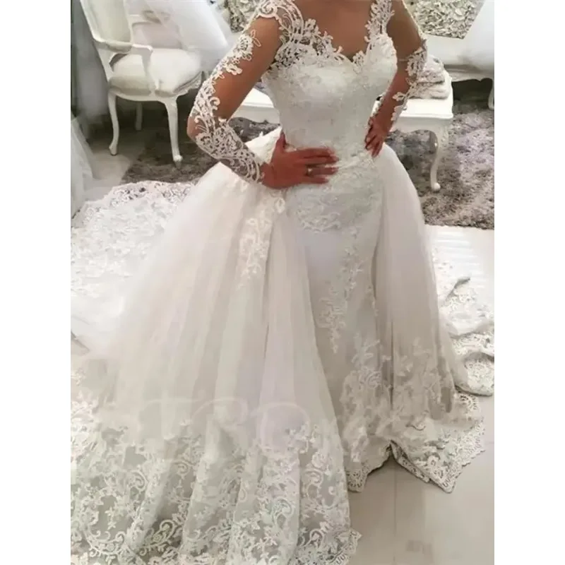 Customized New V Neck Ball Gown Two In One Plus Size Detachable Skirt Lace Bridal Gown Long Sleeve Muslim Arab Wedding Dresses