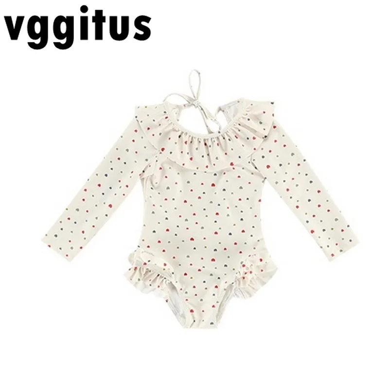 Girls Fashion High Fork One Piece Swimsuit Love Heart Ruffle Collar Long Sleeve Open Back Swimwear Children Swimming Suit A2345