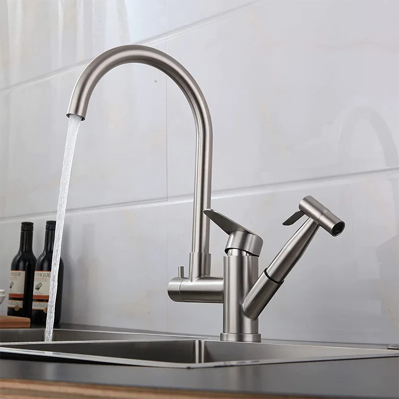 

Brushed Nickel Hot and Cold Mixed Kitchen Faucet Pull Out Spout Kitchen Sink Mixer Tap 304 Stainless Steel Faucet