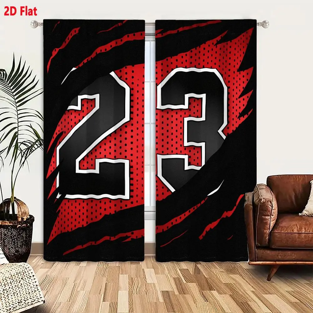 Red Basketball Jersey Number 23 Print Curtain Sporty Mesh Texture Pattern Drape for Boys Bedroom Game Room Window TreatmentDecor