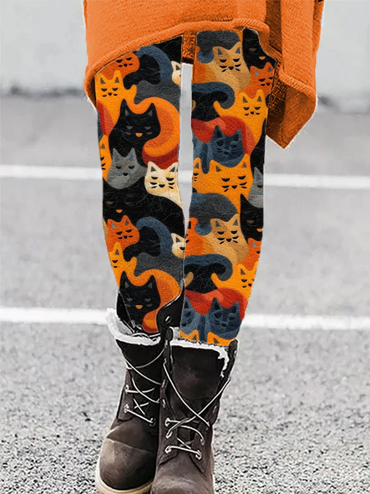 Leggings de mujer con estampado Floral de gatos, pantalones de poliéster y LICRA elásticos con Control de cintura, ropa de calle para exteriores para otoño e invierno
