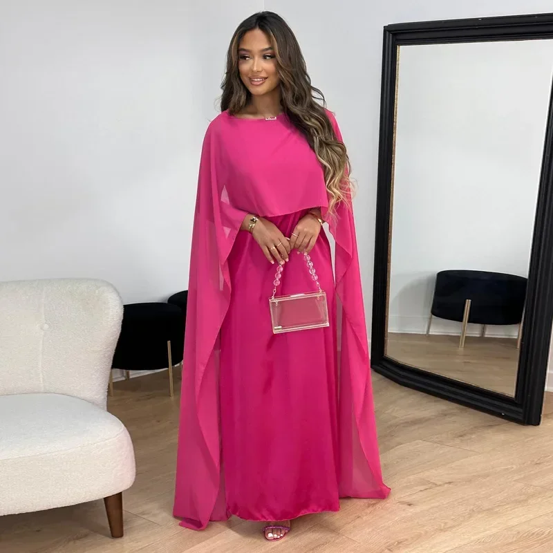 2024 Autumn Fashion Solid Color Chiffon Party Dress Muslim Women Round Neck High Waist Large Swing Long Dress Elegant Dress