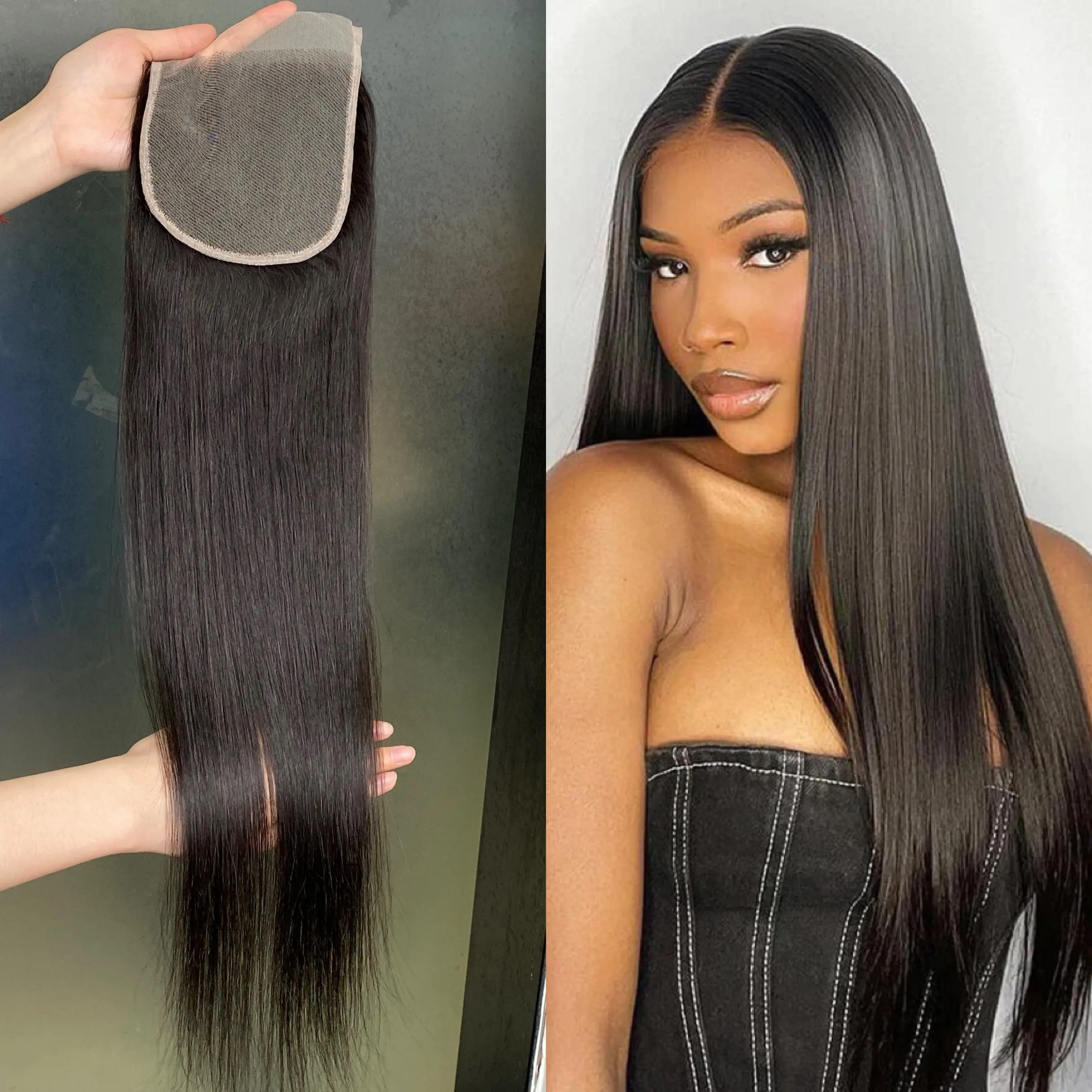 

Высококачественная 100% натуральная прямая заколка-лента 5x5 с прозрачным кружевом для женщин, естественный вид