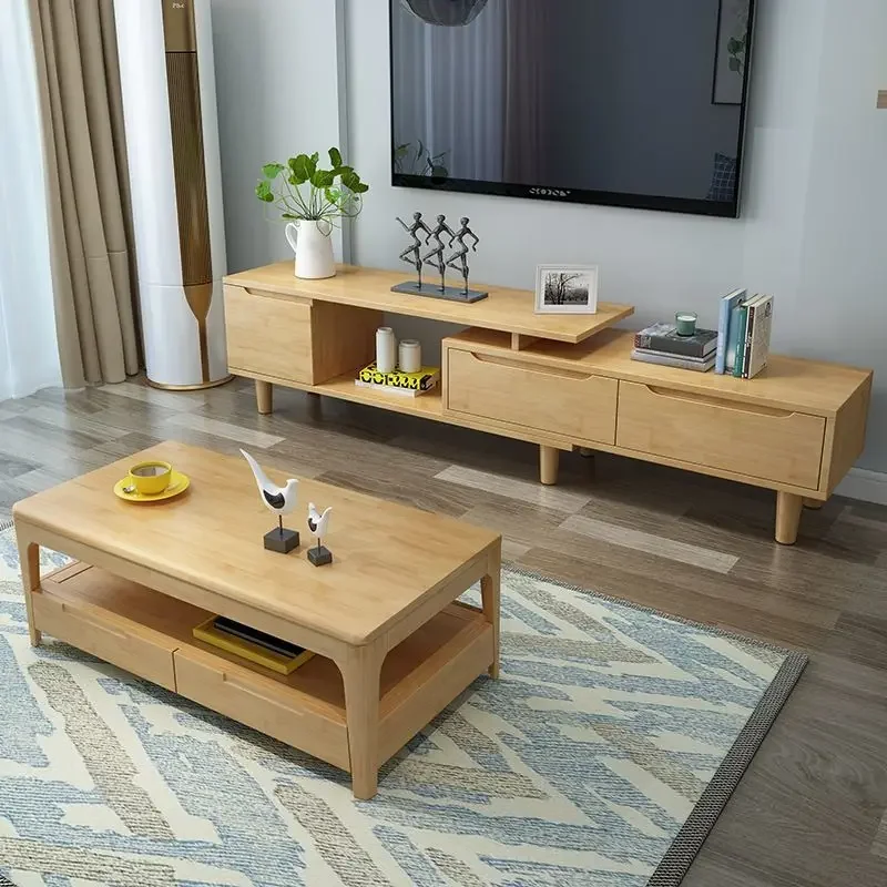 Nordic Solid Wood Tea Table TV Cabinet Combination Rubber Wood Modern Simple and Scalable TV Cabinet Manufacturer Wholesale