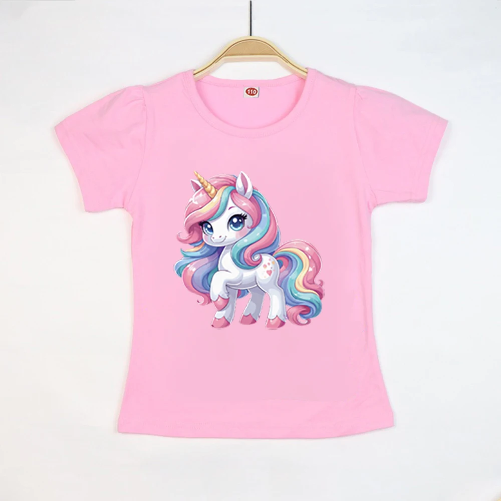 Mädchenkleidung 2-10 Jahre, Sommer, Baumwolle, Einhorn, niedliches Kinder-T-Shirt mit kurzen Ärmeln, weich, lässig, modische Kurzarm-T-Shirts für Kinder – Detail 4