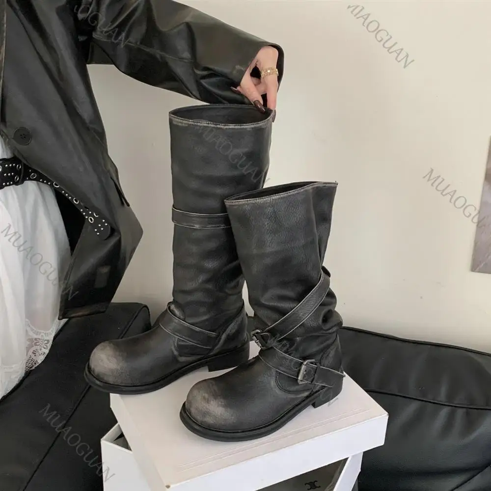 

Весенне-осенние рыцарские сапоги до бедра на массивном каблуке с пряжкой на ремне, женские кожаные туфли без шнуровки с круглым носком, комплектные ботинки