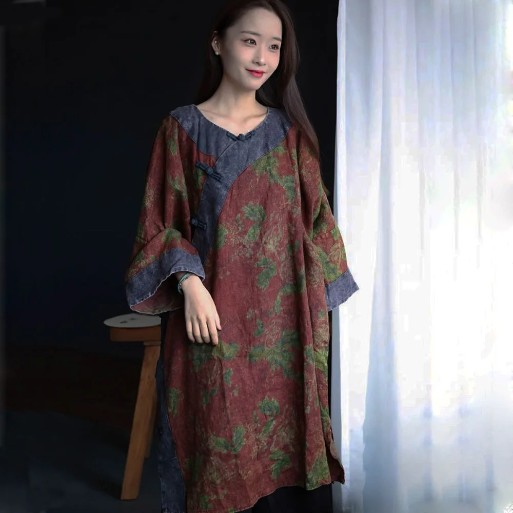 

Spring Casual Linen Loose Dresses Womens With Printed Chinese Style Retro Gown Color-Blocking Round-Neck Larger Size MIDI Dress