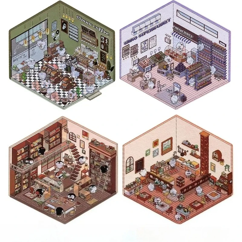 3D PET Sticker Cute Cartoon Miniature Scene 3D Landscaping Stickers DIY Cabin Scene Stacking and Pasting Hand Account Gif 4 Sets