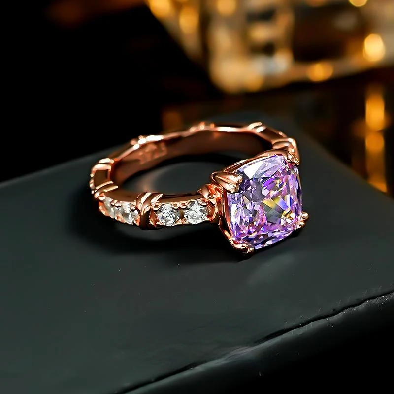 Set cincin gula batu ungu perak 925 dengan 4 karat warna-warni pemotongan bunga es pengerjaan Italia, dipenuhi cahaya