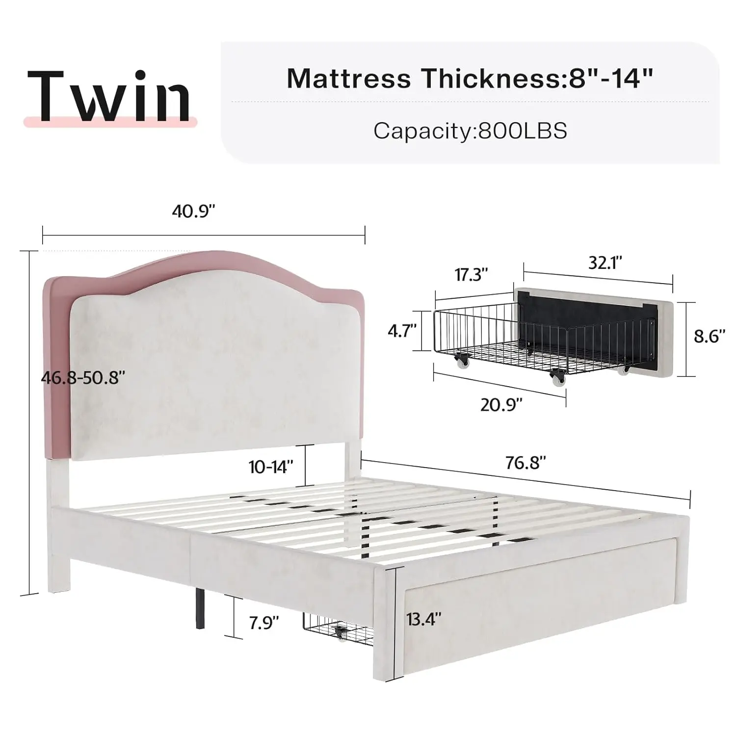 Twin Upholstered Platform Bed with Storage Drawers 51" Adjustable Velvet Headboard RGB LED Lights No Box Spring Girls Room Cream image 2